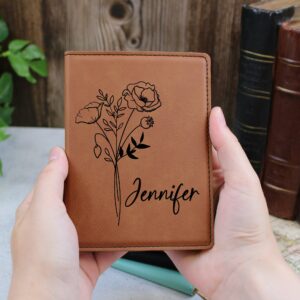 Customized Birth Flower Leather Passport Holder, Personalized Passport Case, Gift for Wife, Travel Matching Gift, Passport Cover for Women, Mother’s Day Gift