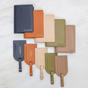 Embossed Leather Passport Holder, Embossed Luggage Tag Set, Travel Card Wallet, 3rd Wedding Anniversary Gift, Custom Gift for Family