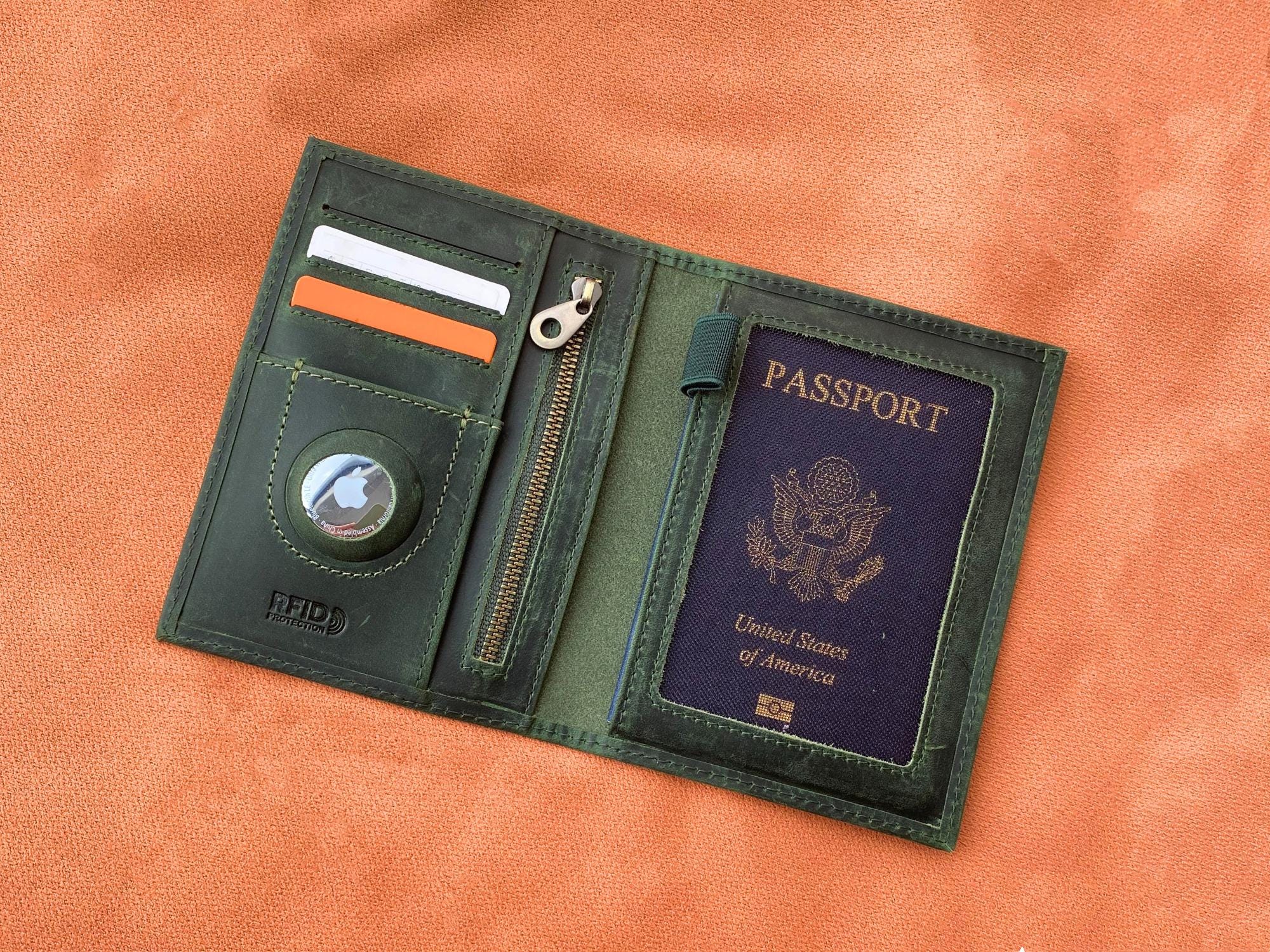 Personalized Leather AirTag Passport Holder, Custom Passport Cover with AirTag Slot, Travel Document Organizer, Monogrammed Passport Case, Travel Gift