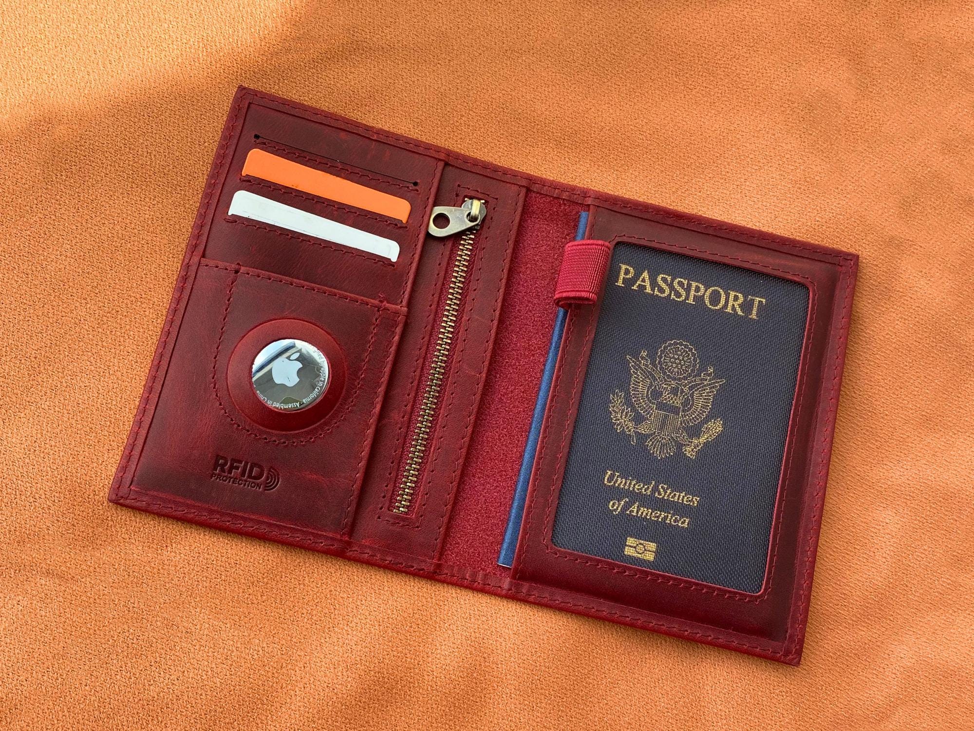 Personalized Leather AirTag Passport Holder, Custom Passport Cover with AirTag Slot, Travel Document Organizer, Monogrammed Passport Case, Travel Gift