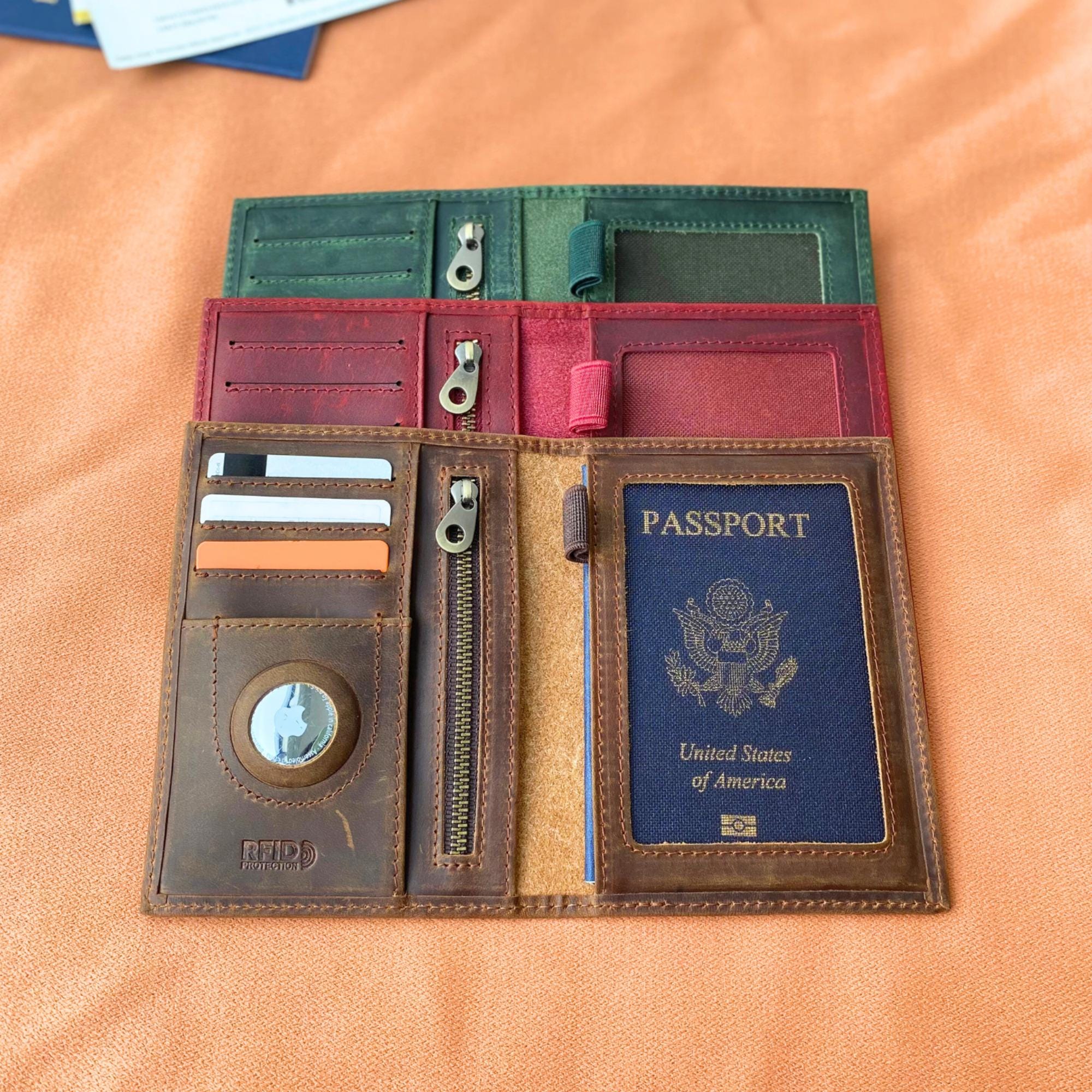 Personalized Leather AirTag Passport Holder, Custom Passport Cover with AirTag Slot, Travel Document Organizer, Monogrammed Passport Case, Travel Gift