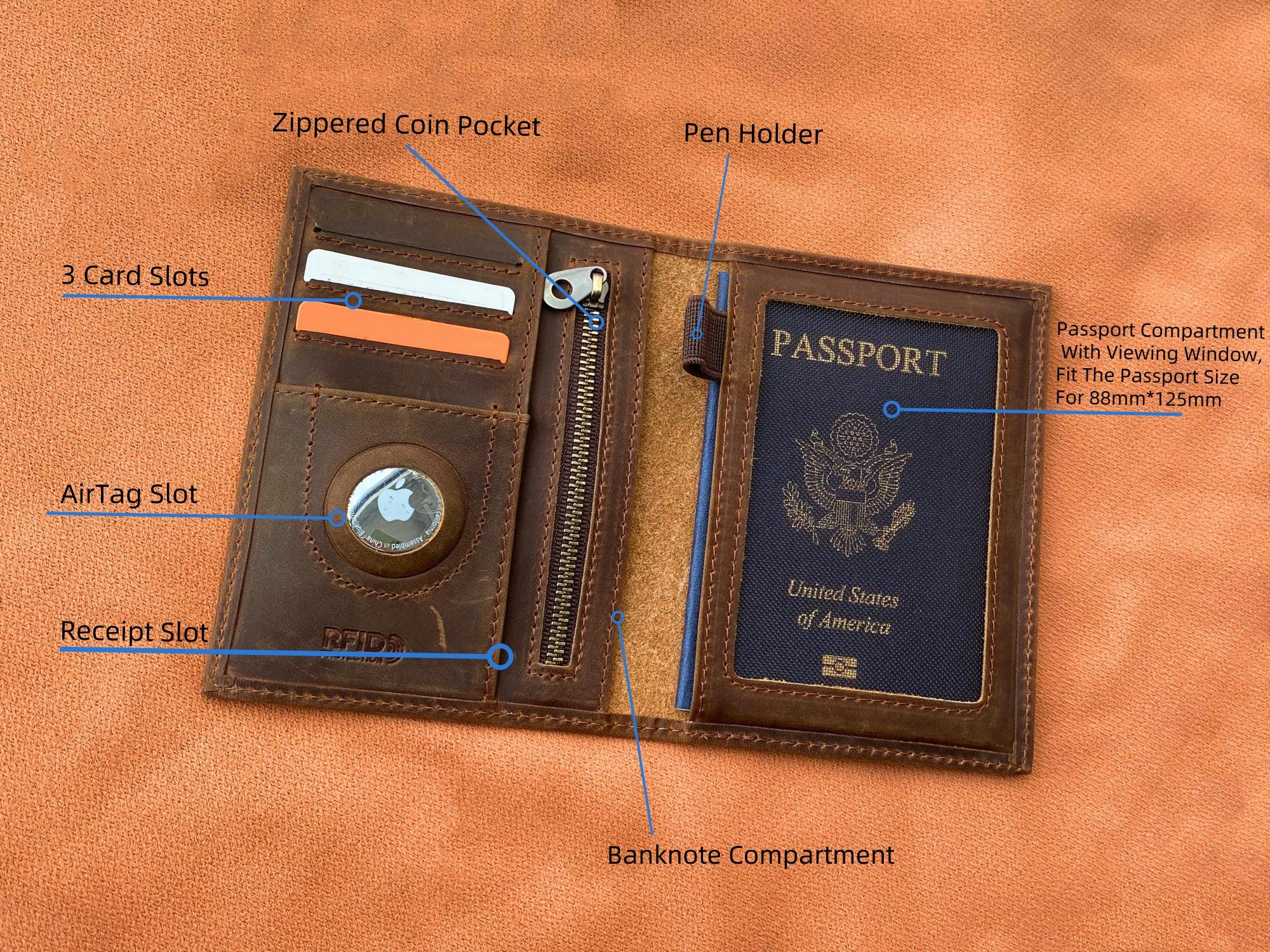 Personalized Leather AirTag Passport Holder, Custom Passport Cover with AirTag Slot, Travel Document Organizer, Monogrammed Passport Case, Travel Gift