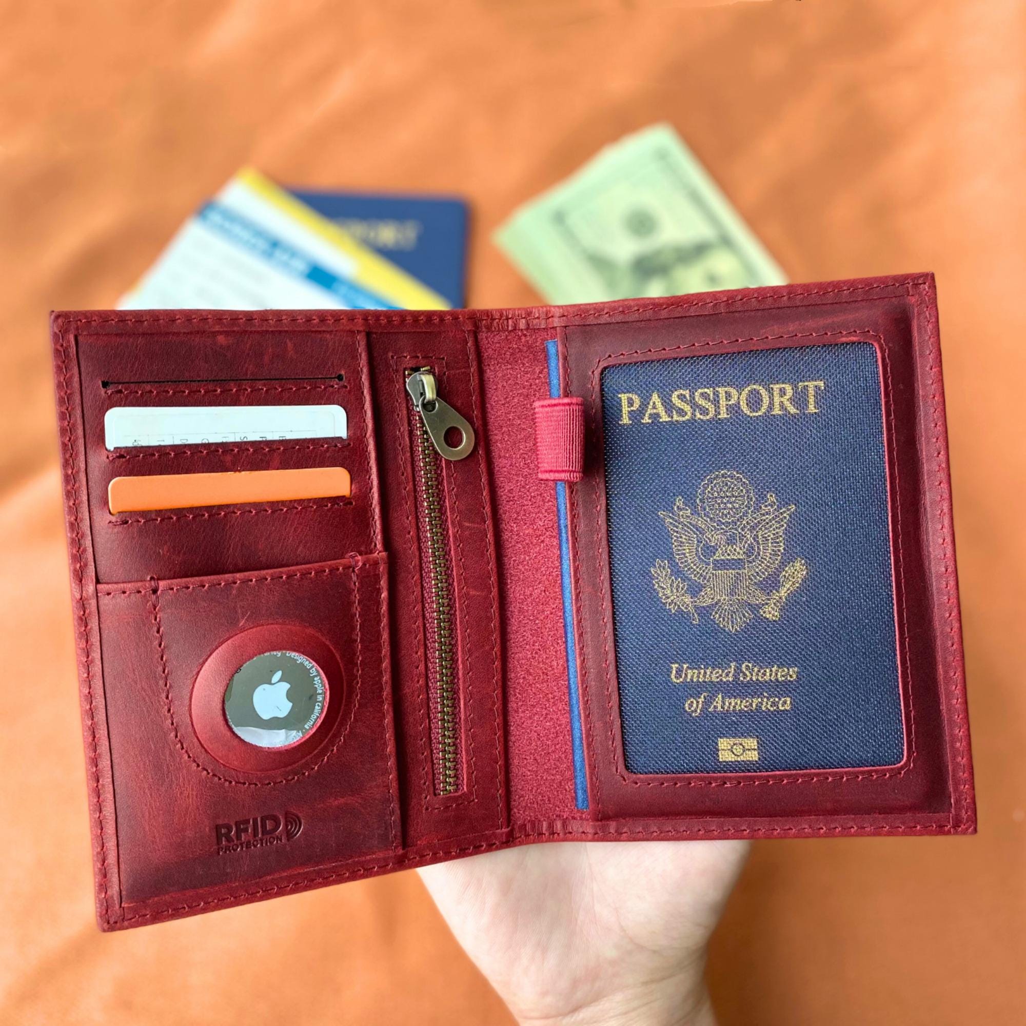 Personalized Leather AirTag Passport Holder, Custom Passport Cover with AirTag Slot, Travel Document Organizer, Monogrammed Passport Case, Travel Gift